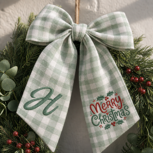 Custom Letter Merry Christmas Embroidered Linen Wreath Sash, Personalized Monogram Holiday Bow Sash for Door Decor