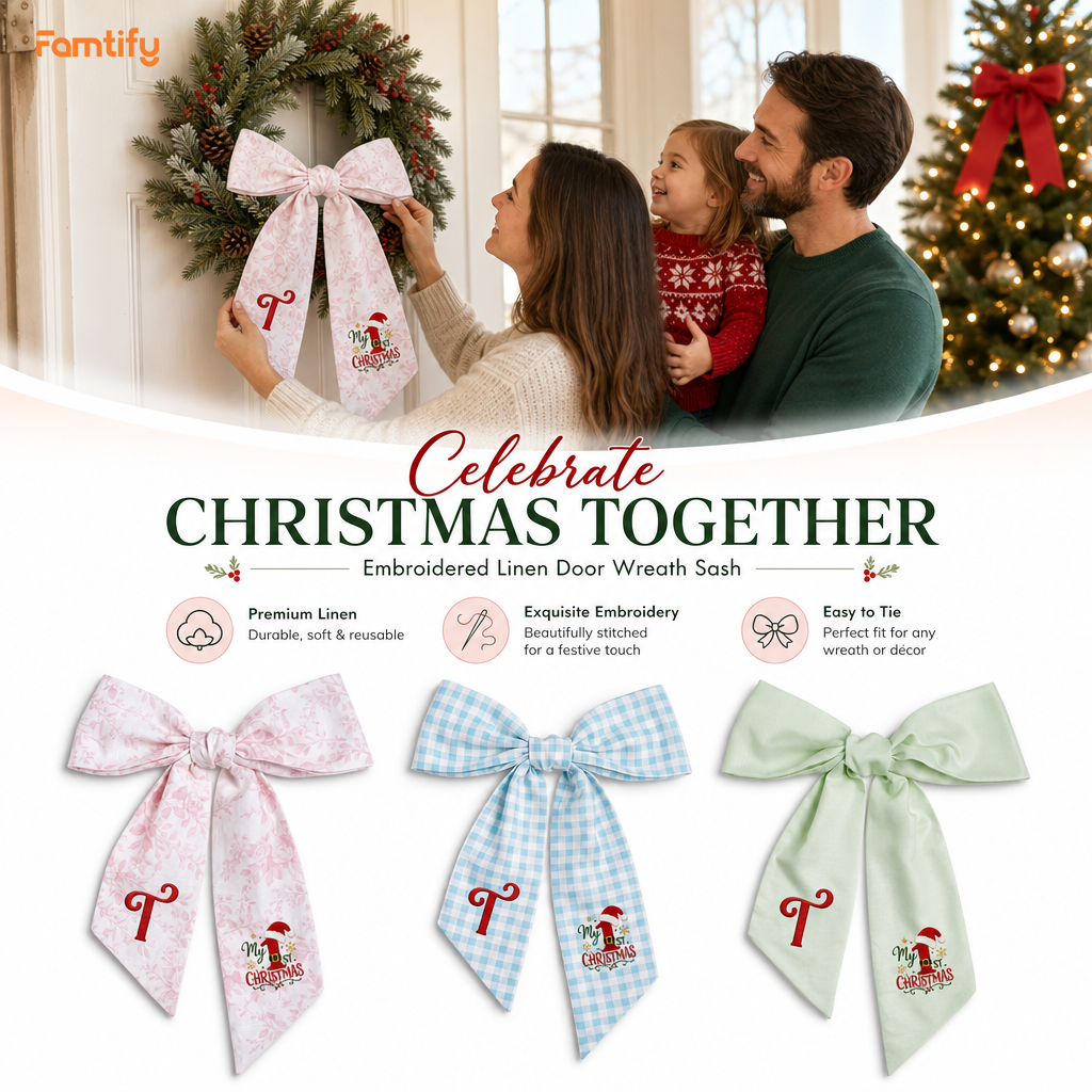 Custom Letter My 1st Christmas Embroidered Linen Wreath Sash, Personalized Monogram Holiday Bow Sash for Baby First Christmas Decor