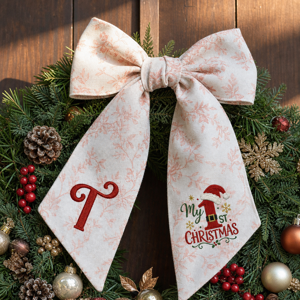 Custom Letter My 1st Christmas Embroidered Linen Wreath Sash, Personalized Monogram Holiday Bow Sash for Baby First Christmas Decor