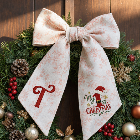 Custom Letter My 1st Christmas Embroidered Linen Wreath Sash, Personalized Monogram Holiday Bow Sash for Baby First Christmas Decor