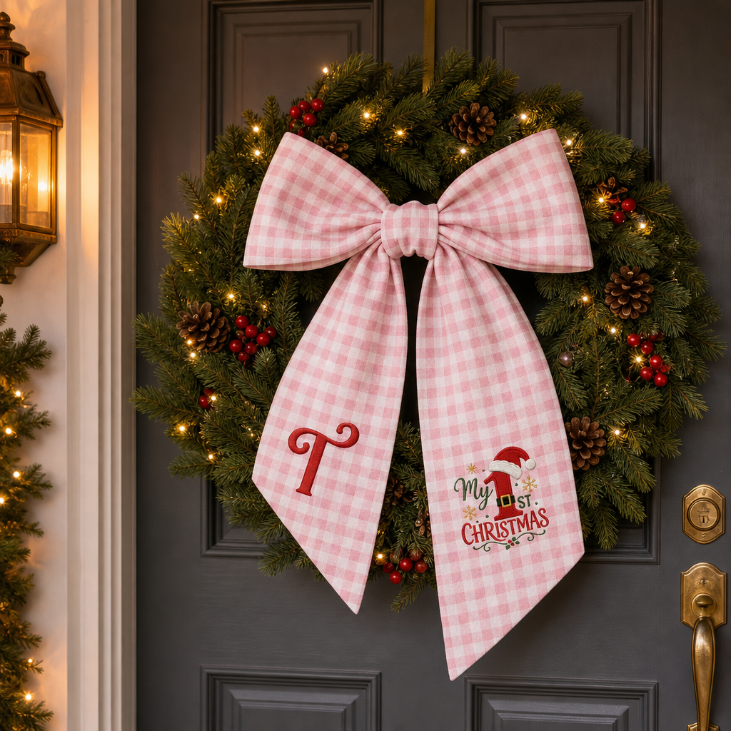 Custom Letter My 1st Christmas Embroidered Linen Wreath Sash, Personalized Monogram Holiday Bow Sash for Baby First Christmas Decor