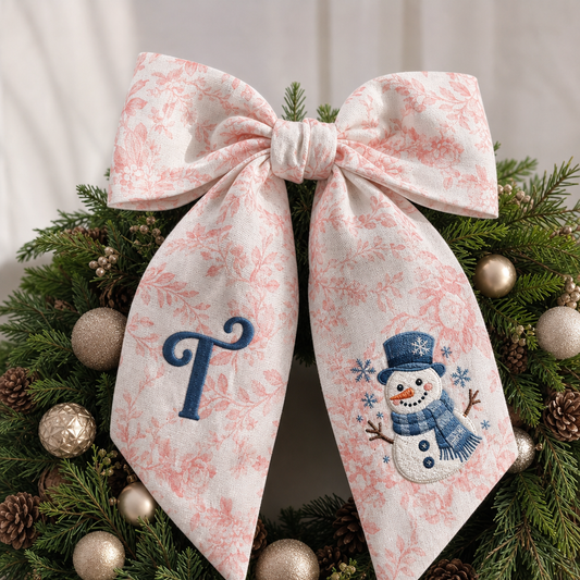 Custom Letter Christmas Snowman Embroidered Linen Wreath Sash, Personalized Monogram Holiday Bow Sash for Door Decor