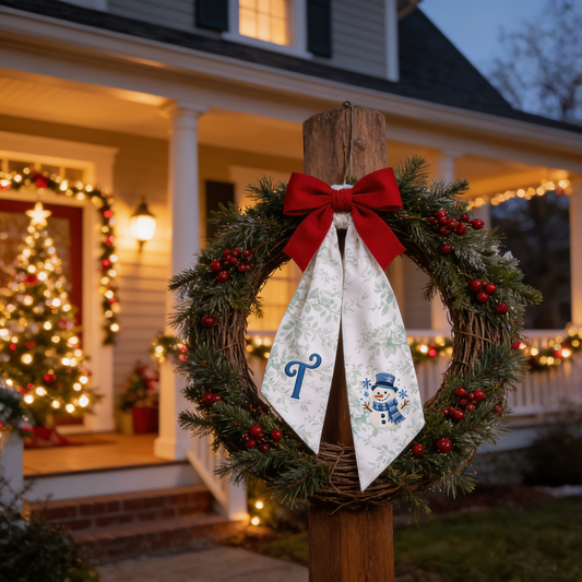 Custom Letter Christmas Snowman Embroidered Linen Wreath Sash, Personalized Monogram Holiday Bow Sash for Door Decor