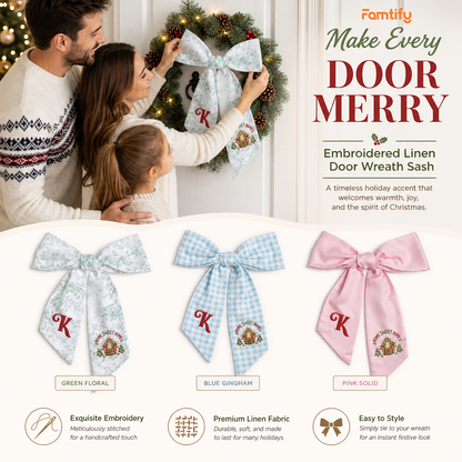 Custom Letter Gingerbread House Home Sweet Home Embroidered Linen Wreath Sash, Personalized Monogram Holiday Bow Sash for Door Decor