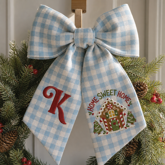 Custom Letter Gingerbread House Home Sweet Home Embroidered Linen Wreath Sash, Personalized Monogram Holiday Bow Sash for Door Decor