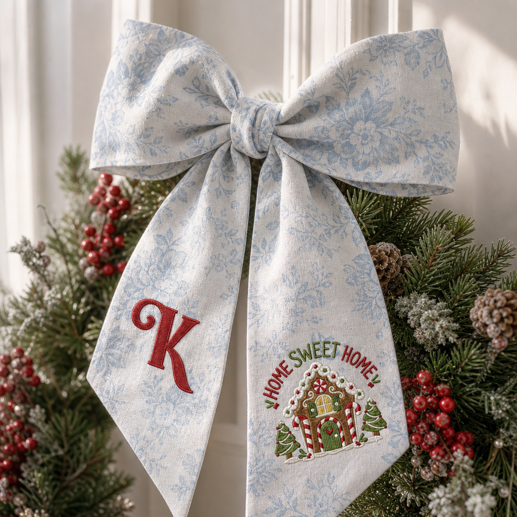 Custom Letter Gingerbread House Home Sweet Home Embroidered Linen Wreath Sash, Personalized Monogram Holiday Bow Sash for Door Decor