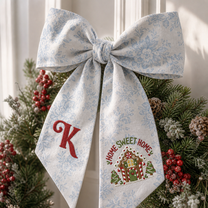 Custom Letter Gingerbread House Home Sweet Home Embroidered Linen Wreath Sash, Personalized Monogram Holiday Bow Sash for Door Decor
