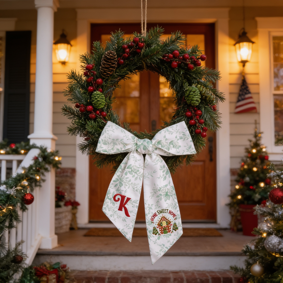 Custom Letter Gingerbread House Home Sweet Home Embroidered Linen Wreath Sash, Personalized Monogram Holiday Bow Sash for Door Decor