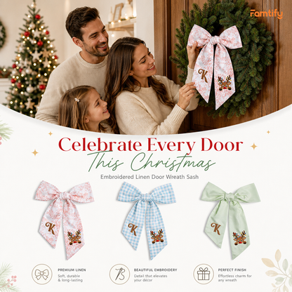 Custom Letter Reindeer Christmas Lights Embroidered Linen Wreath Sash, Personalized Monogram Holiday Bow Sash for Door Decor