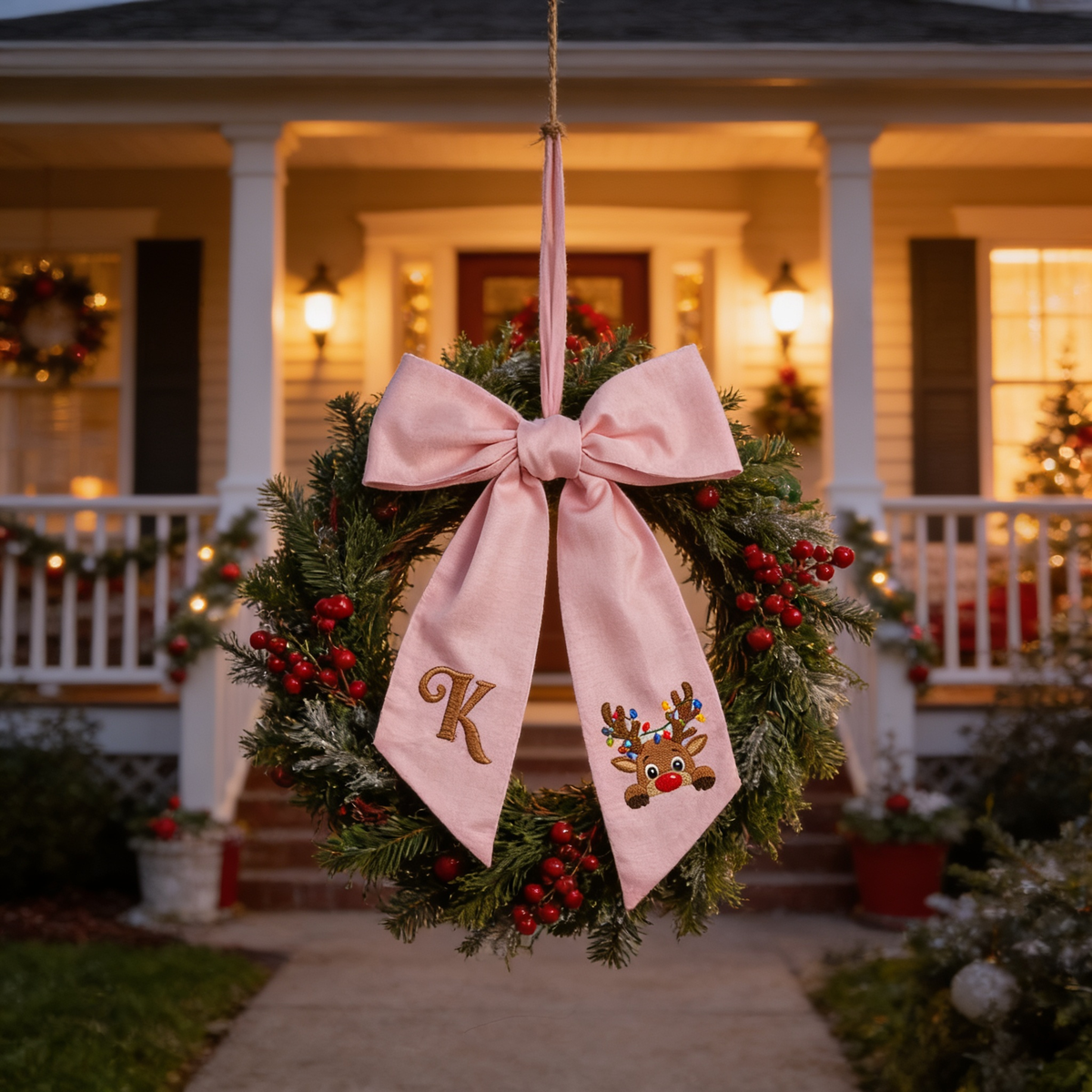Custom Letter Reindeer Christmas Lights Embroidered Linen Wreath Sash, Personalized Monogram Holiday Bow Sash for Door Decor