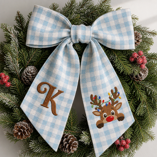 Custom Letter Reindeer Christmas Lights Embroidered Linen Wreath Sash, Personalized Monogram Holiday Bow Sash for Door Decor