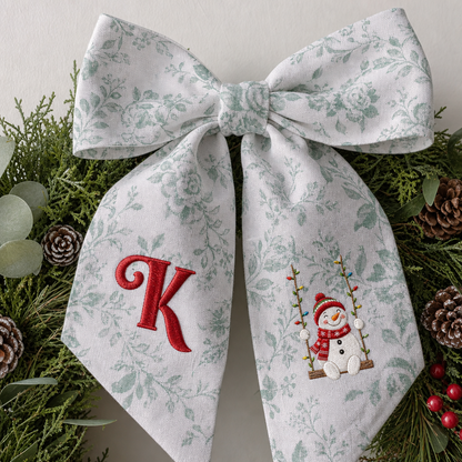 Custom Letter Snowman on Swing Embroidered Linen Wreath Sash, Personalized Monogram Holiday Bow Sash for Door Decor