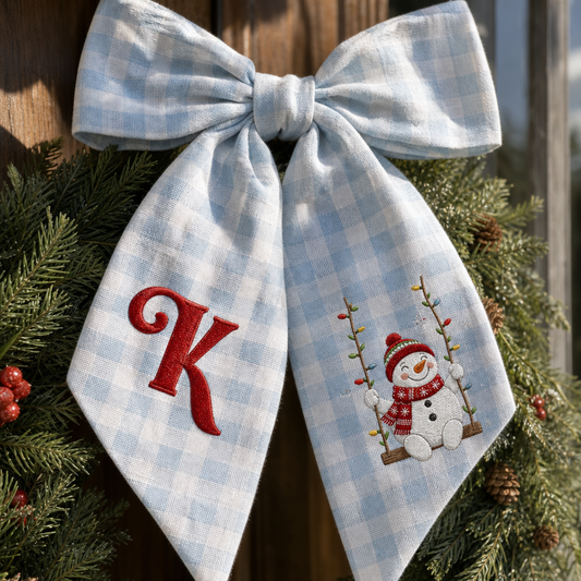 Custom Letter Snowman on Swing Embroidered Linen Wreath Sash, Personalized Monogram Holiday Bow Sash for Door Decor