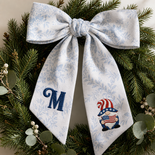 Custom Letter Patriotic Gnome American Flag Embroidered Linen Wreath Sash, Personalized Monogram 4th of July Bow Sash for Door Decor