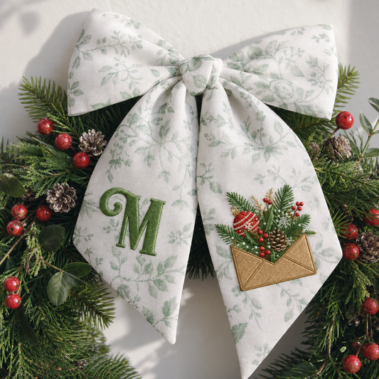 Custom Letter Christmas Envelope Embroidered Linen Wreath Sash, Personalized Monogram Holiday Bow Sash for Front Door Decor