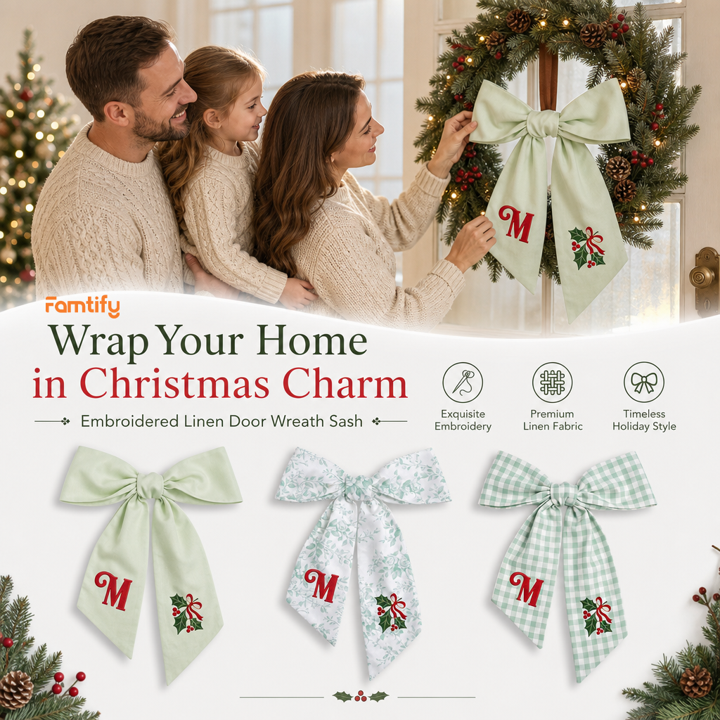 Custom Letter Christmas Holly Berry Embroidered Linen Wreath Sash, Personalized Monogram Holiday Bow Sash for Front Door Decor