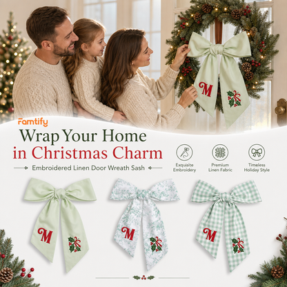 Custom Letter Christmas Holly Berry Embroidered Linen Wreath Sash, Personalized Monogram Holiday Bow Sash for Front Door Decor