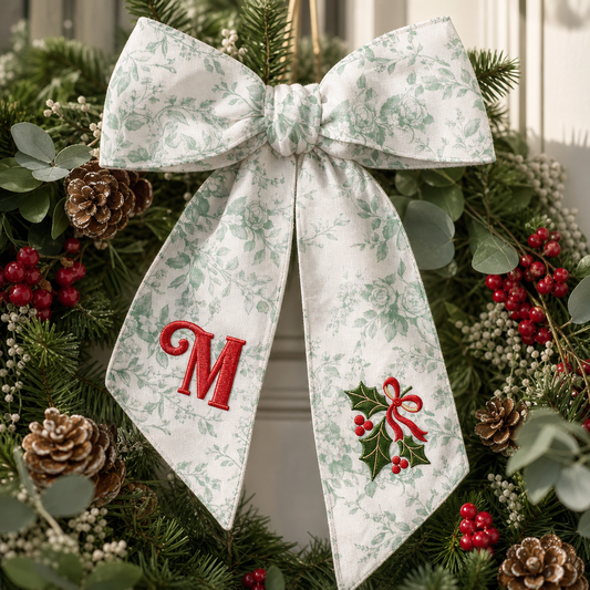 Custom Letter Christmas Holly Berry Embroidered Linen Wreath Sash, Personalized Monogram Holiday Bow Sash for Front Door Decor