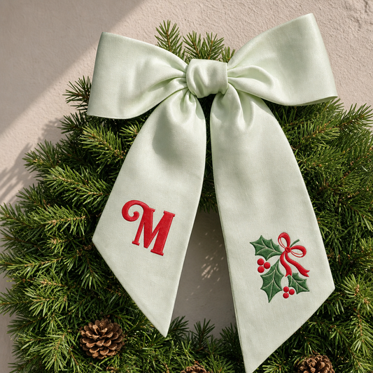 Custom Letter Christmas Holly Berry Embroidered Linen Wreath Sash, Personalized Monogram Holiday Bow Sash for Front Door Decor