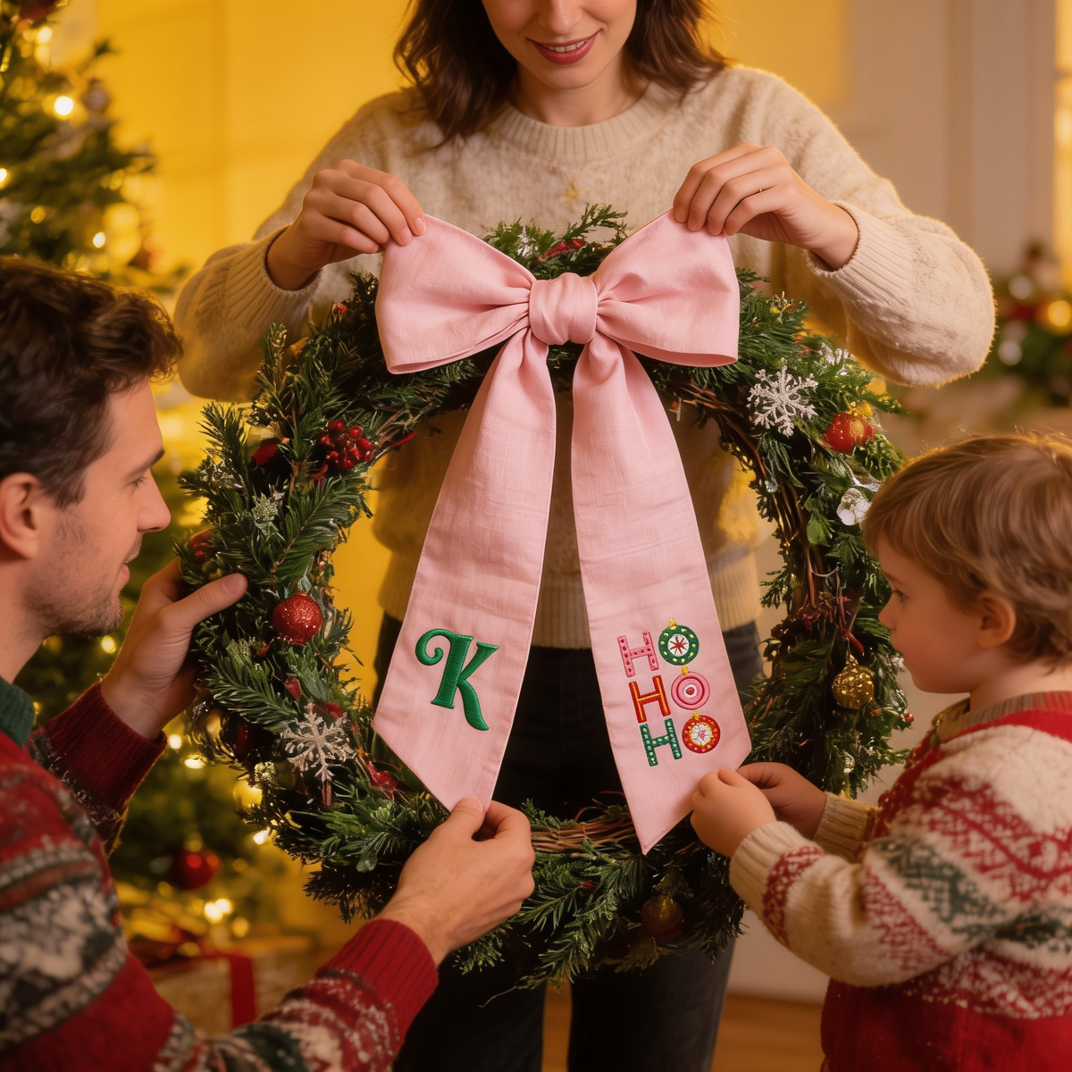 Custom Letter Christmas Ho Ho Ho Embroidered Linen Wreath Sash, Personalized Monogram Festive Ornament Bow Sash for Front Door Decor
