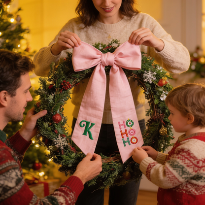 Custom Letter Christmas Ho Ho Ho Embroidered Linen Wreath Sash, Personalized Monogram Festive Ornament Bow Sash for Front Door Decor