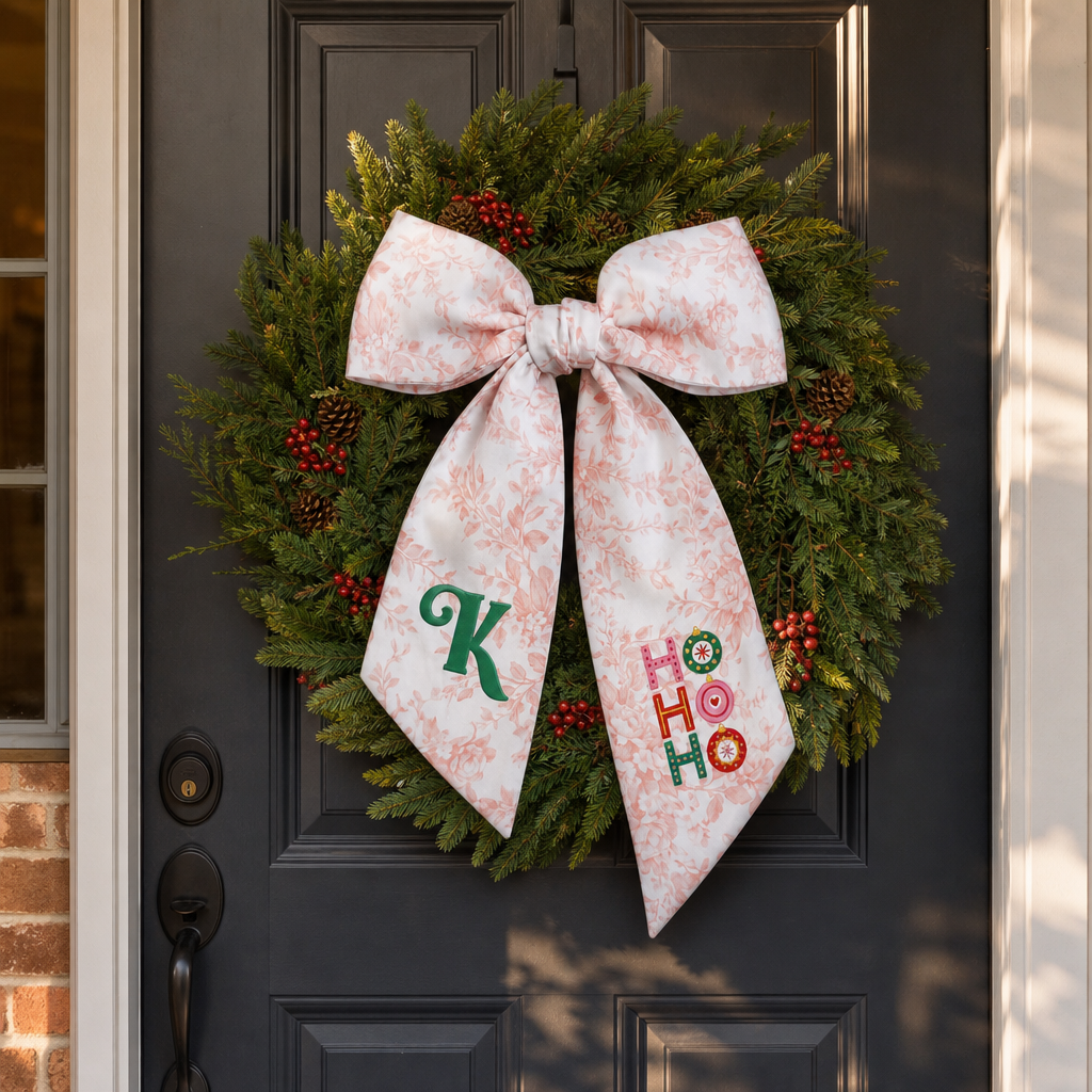 Custom Letter Christmas Ho Ho Ho Embroidered Linen Wreath Sash, Personalized Monogram Festive Ornament Bow Sash for Front Door Decor