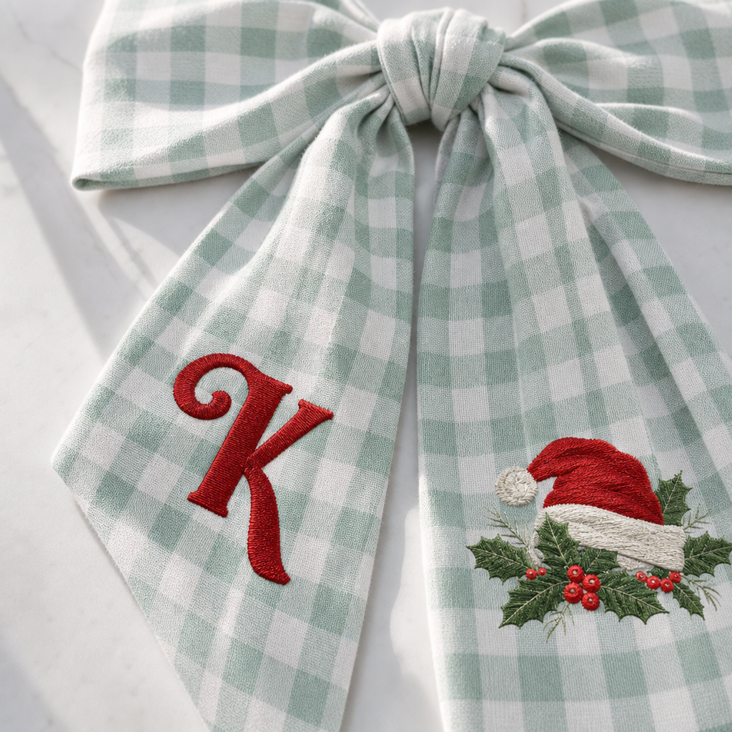 Custom Letter Christmas Santa Hat Embroidered Linen Wreath Sash, Personalized Sage Floral Monogram Bow for Front Door Decor