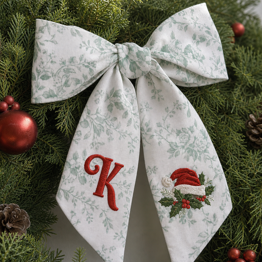 Custom Letter Christmas Santa Hat Embroidered Linen Wreath Sash, Personalized Sage Floral Monogram Bow for Front Door Decor