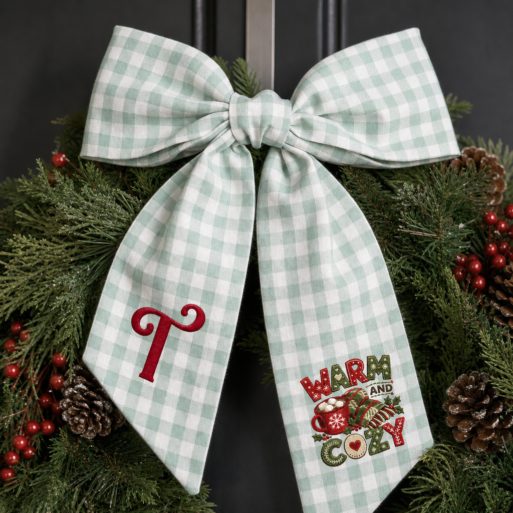 Custom Letter Warm and Cozy Embroidered Linen Wreath Sash, Personalized Monogram Christmas Winter Bow Sash for Front Door Decor