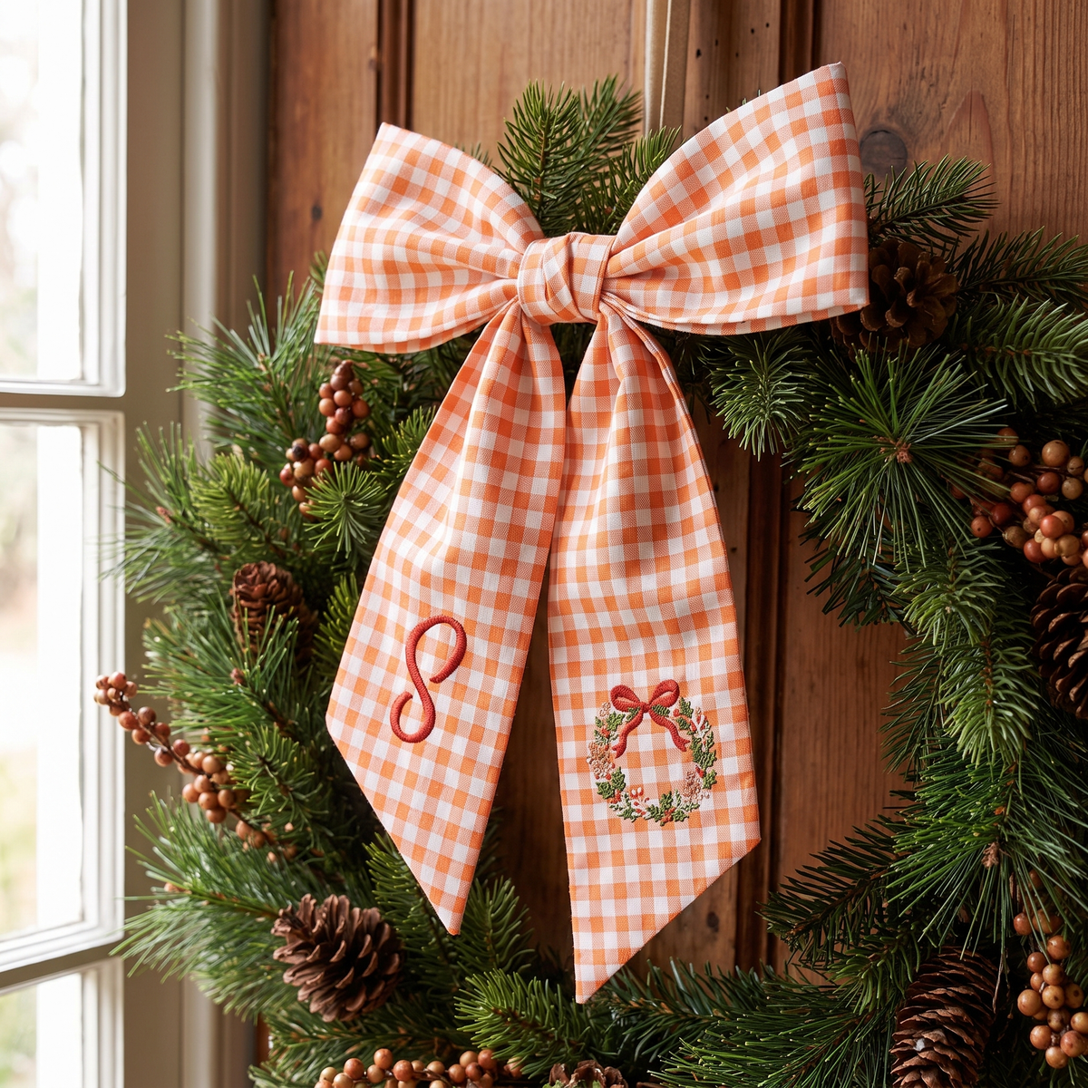 Custom Letter Christmas Wreath Embroidered Linen Wreath Sash, Personalized Monogram Holiday Bow Sash for Front Door Decor