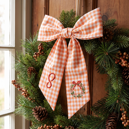 Custom Letter Christmas Wreath Embroidered Linen Wreath Sash, Personalized Monogram Holiday Bow Sash for Front Door Decor