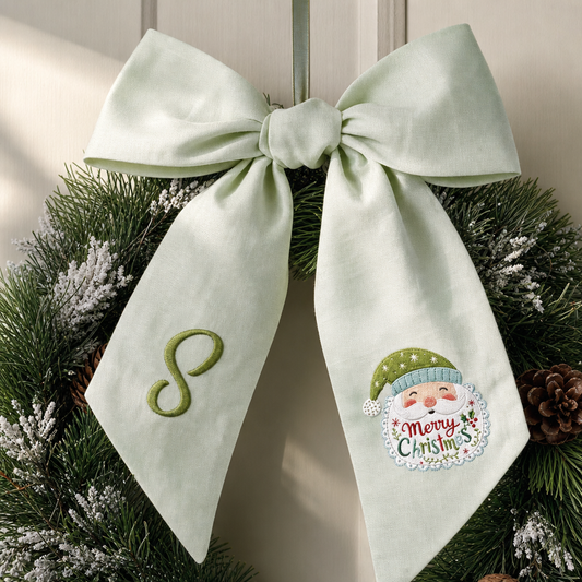 Custom Letter Christmas Santa Claus Embroidered Linen Wreath Sash, Personalized Monogram Merry Christmas Bow Sash for Front Door Decor