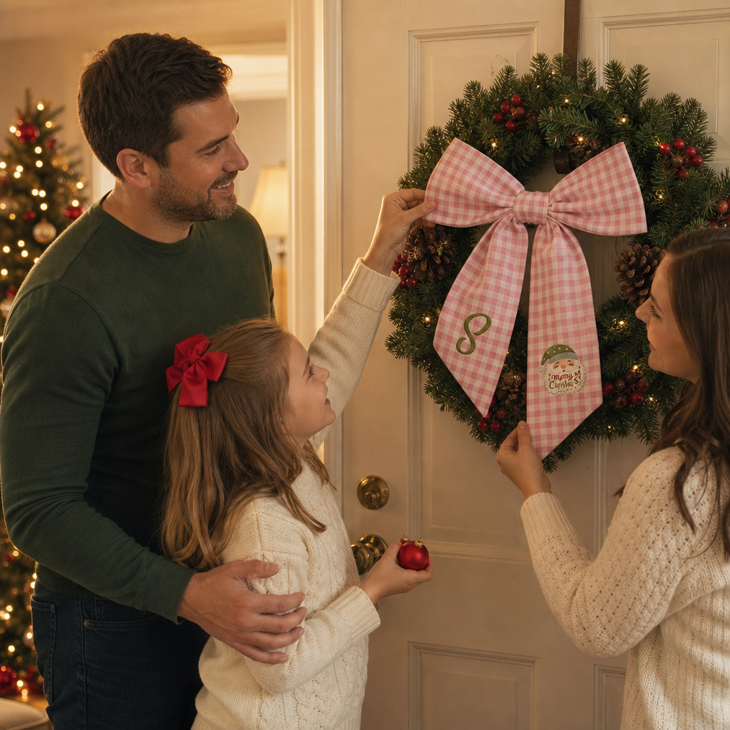 Custom Letter Christmas Santa Claus Embroidered Linen Wreath Sash, Personalized Monogram Merry Christmas Bow Sash for Front Door Decor
