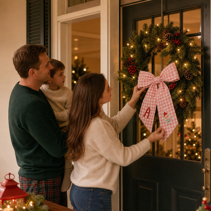 Custom Letter Hello Santa Embroidered Linen Wreath Sash, Personalized Monogram Christmas Bow Sash for Front Door Decor