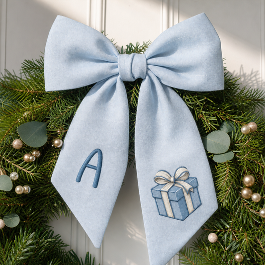 Custom Letter Gift Box Embroidered Linen Wreath Sash, Personalized Monogram Holiday Present Bow Sash for Front Door Decor