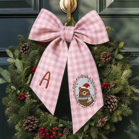 Personalized Monogram Christmas Bear Embroidered Linen Door Wreath Sash, Custom Initial Holiday Wreath Bow Sash Decor, Festive Front Door Home Accessories