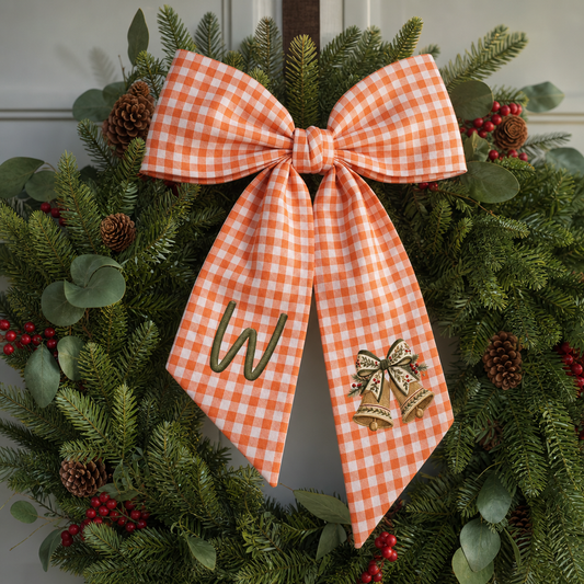 Personalized Monogram Golden Christmas Bells Embroidered Linen Door Wreath Sash, Custom Initial Holiday Wreath Bow Sash Decor, Festive Front Door Home Accessories