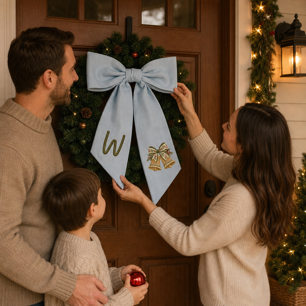 Personalized Monogram Golden Christmas Bells Embroidered Linen Door Wreath Sash, Custom Initial Holiday Wreath Bow Sash Decor, Festive Front Door Home Accessories