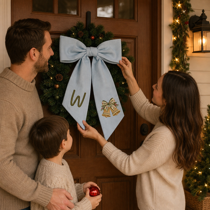 Personalized Monogram Golden Christmas Bells Embroidered Linen Door Wreath Sash, Custom Initial Holiday Wreath Bow Sash Decor, Festive Front Door Home Accessories
