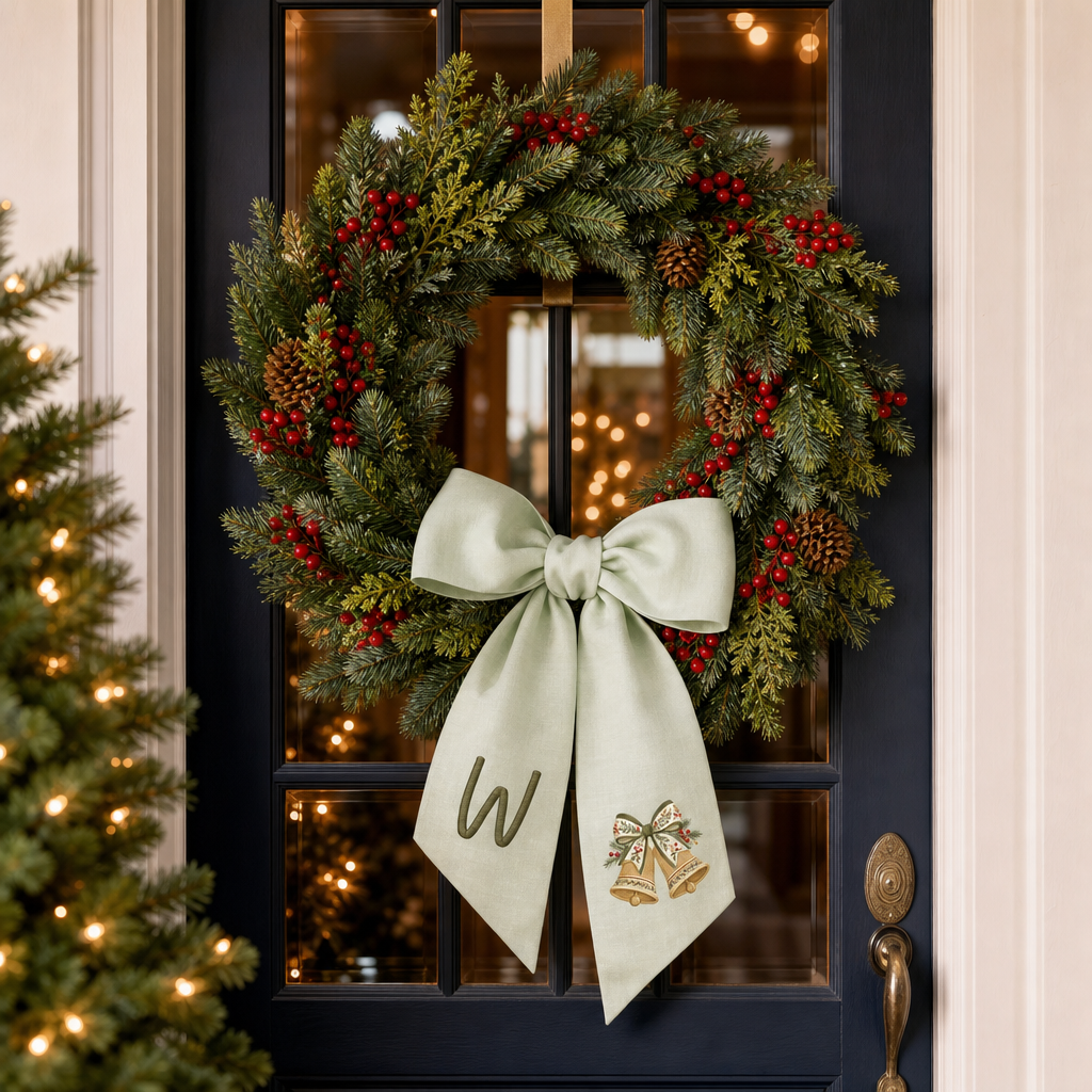 Personalized Monogram Golden Christmas Bells Embroidered Linen Door Wreath Sash, Custom Initial Holiday Wreath Bow Sash Decor, Festive Front Door Home Accessories