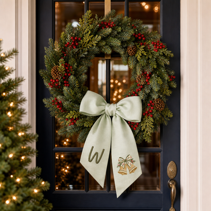 Personalized Monogram Golden Christmas Bells Embroidered Linen Door Wreath Sash, Custom Initial Holiday Wreath Bow Sash Decor, Festive Front Door Home Accessories