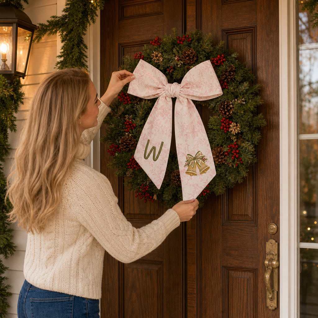 Personalized Monogram Golden Christmas Bells Embroidered Linen Door Wreath Sash, Custom Initial Holiday Wreath Bow Sash Decor, Festive Front Door Home Accessories
