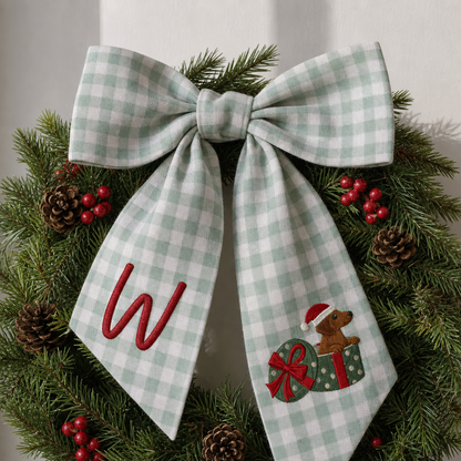 Personalized Monogram Christmas Dog in Present Box Embroidered Linen Door Wreath Sash, Custom Initial Holiday Dachshund Wreath Bow Sash Decor, Festive Front Door Home Accessories