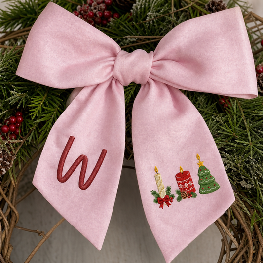 Personalized Monogram Christmas Candles & Tree Embroidered Linen Door Wreath Sash, Custom Initial Holiday Wreath Bow Sash Decor, Festive Front Door Home Accessories
