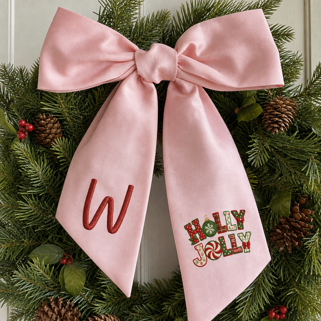 Personalized Embroidered Linen Door Wreath Sash, Custom Monogram Name Initial Wreath Ribbon & Front Door Decor