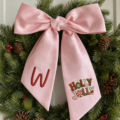 Personalized Embroidered Linen Door Wreath Sash, Custom Monogram Name Initial Wreath Ribbon & Front Door Decor