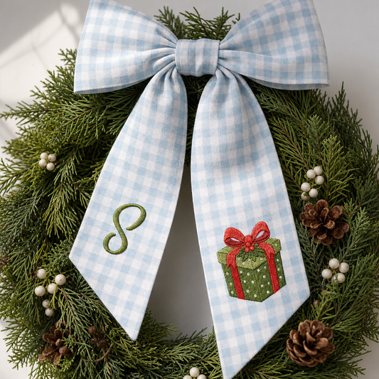 Personalized Monogram Christmas Gift Box Bow, Custom Initial Holiday Tree Topper & Hair Ribbon