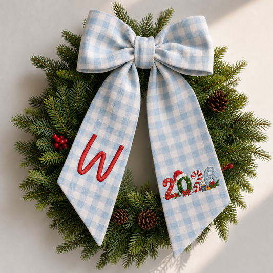 Personalized Monogram 2026 Christmas Bow, Custom Initial Dated Year Holiday Tree Topper & Hair Ribbon