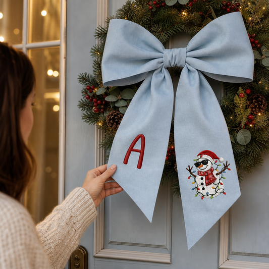 Custom Monogram Cool Snowman Linen Wreath Bow, Personalized Initial Sunglasses Snowman Christmas Wreath Sash & Front Door Decor