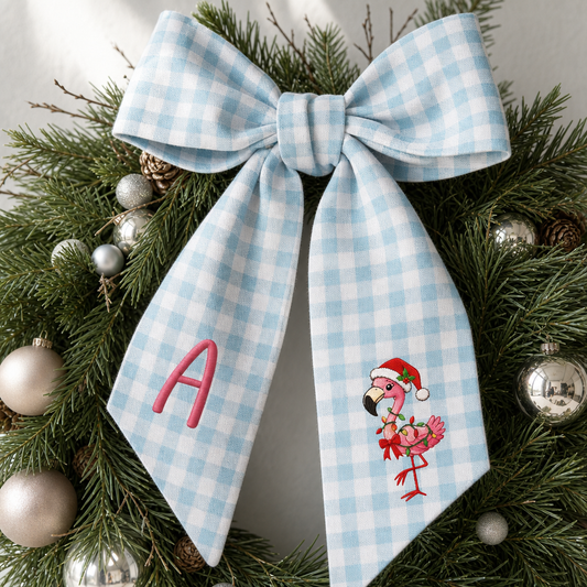 Custom Monogram Christmas Flamingo Floral Toile Wreath Bow, Personalized Initial Holiday Flamingo Wreath Sash & Front Door Decor